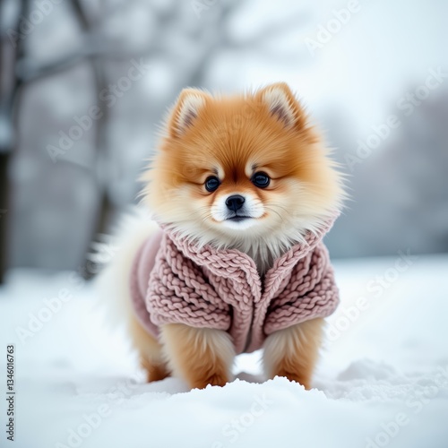 A small, fluffy dog with a pink coat