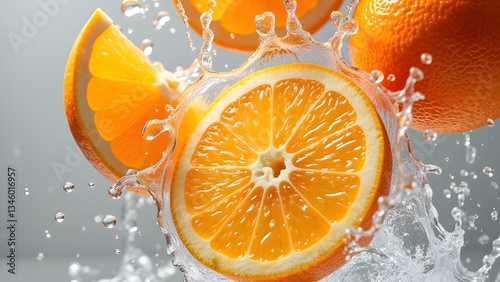 Fresh orange slices splashing with water, vibrant and refreshing.