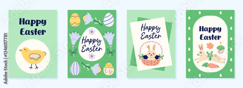 Happy Easter 4 cute cards collection. Design with text on green background. Happy Easter hand drawn card. Flat illustration with partial outline. Vector illustration.