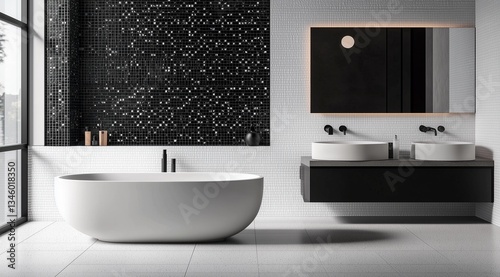 3D rendering of a modern bathroom with white tiles and a black mosaic wall