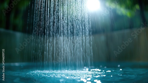 Spa wellness healing hydrotherapy journey. Gentle water cascading in a tranquil blue setting.