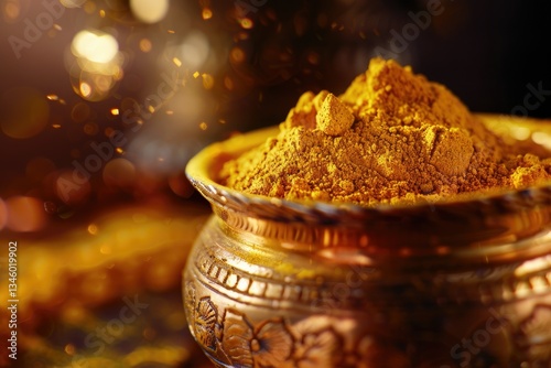 High Resolution Visual of CloseUp of Bowl of Haldi or Turmeric for Wedding Ceremony