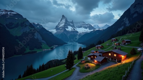 Jungfrau region in Switzerland at night with rain falling. Wet mountain roads reflect scattered lights, while misty peaks fade into the dark, stormy sky. A moody shot.