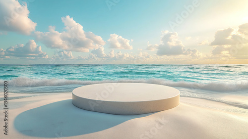 beach display with sandy platform and sea background for summer promotions
