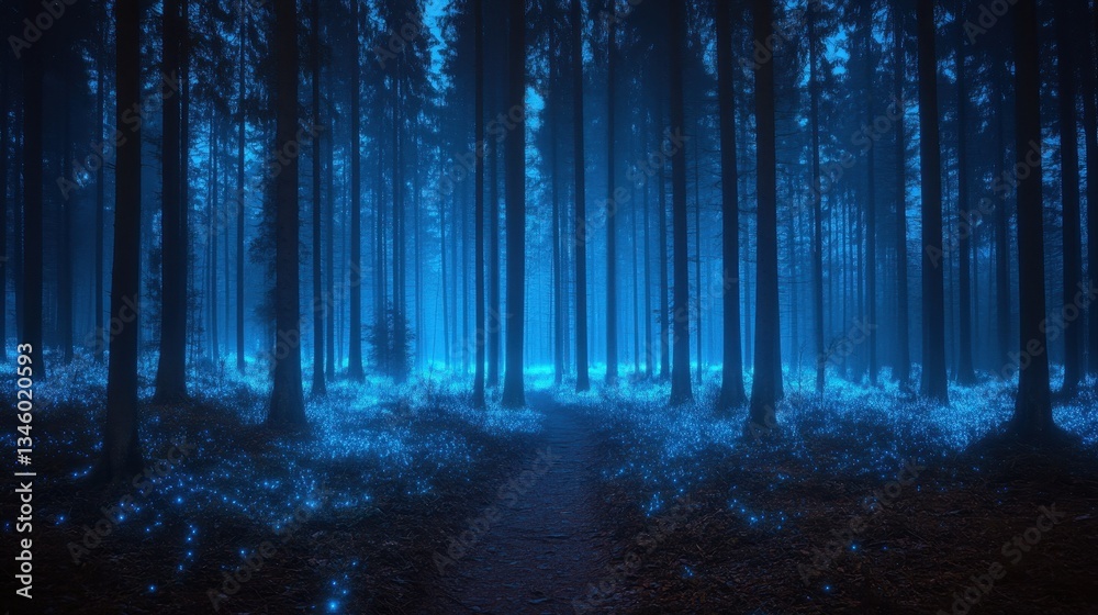Fototapeta premium A path through the mystical forest illuminated by blue glowing light