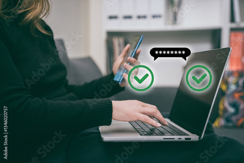 Woman makes an online payment using two-factor authentication. Girl entering a password on laptop while using a smartphone for 2fa verification. Secure online transactions and digital security.