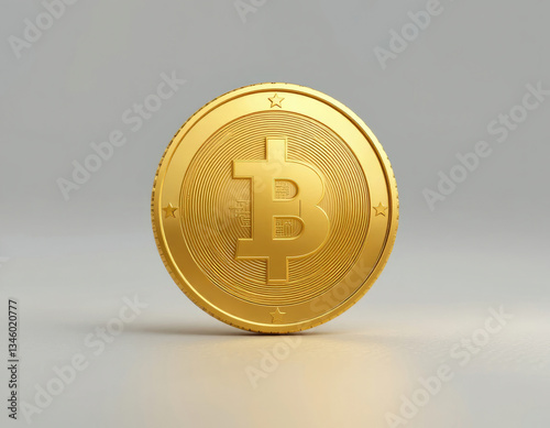 Bitcoin Gold Coin Standing on Neutral Background Close Up View