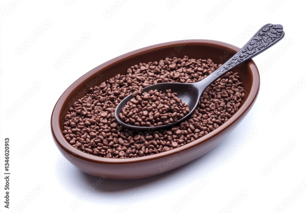 Brown seeds in a brown bowl with spoon on a white background, showcasing natural food ingredients for recipes, baking, or healthy snacks preparation Brown seeds in a brown bowl with spoon on a white background, showcasing natural food ingredients for recipes, baking, or healthy snacks preparation