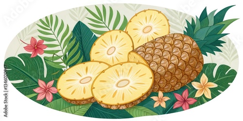 Circular pineapple slices with intricate patterns, on a tropical backdrop.