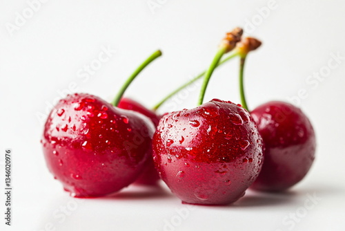 Cherries with water drops on a white background