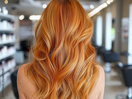 Experience the ultimate hair transformation with this stunning image of a Woman in a salon chair with fresh glossy balayage, natural light ambiance See how expertly applied highlights and a luxurious