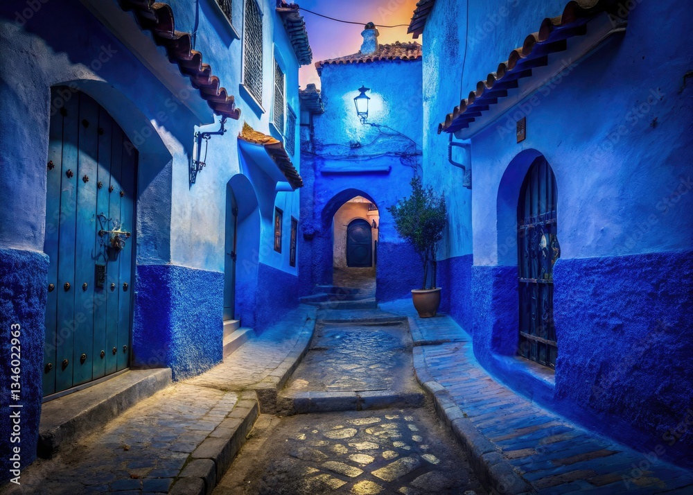Fototapeta premium Chefchaouen Morocco Alleyway Overhead Low Light Photography, Blue City, Medina, Narrow Street, Traditional Architecture, Dusk, Night, Travel Photography