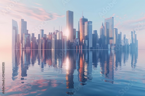 High Detail Picture of Modern Office with Hologram Technology and Skyscrapers