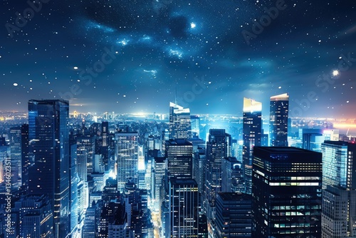 Premium Quality Picture of Panoramic View of Night City Skyscrapers