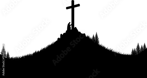 Good Friday Cross on Hill - Christian Crucifixion Silhouette Vector