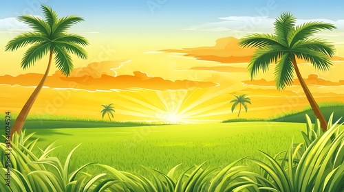 Serene Tropical Sunset Landscape Palm Trees Grassy Field Golden Sky