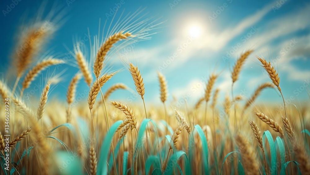 Fototapeta premium Golden wheat fields sway gently under a bright sun in a clear blue sky during mid-afternoon