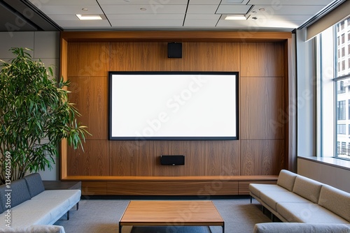Modern office lounge area with large blank screen
