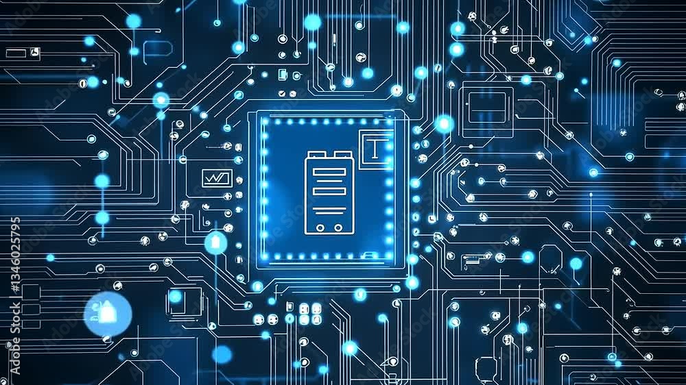 Abstract digital circuit board with battery icon, glowing lights, and technology theme background Abstract digital circuit board with battery icon, glowing lights, and technology theme background