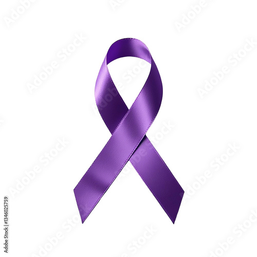 A vibrant purple awareness ribbon with a satin texture, elegantly looped and placed against a clean white background