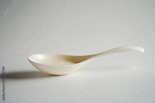 A sleek, off-white porcelain spoon rests on a white background, possibly containing a liquid.