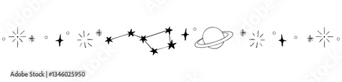 Celestial doodle border, falling star blink divider. Hand drawn ornament with stars, planets, meteorite and moon. Space magic simple decor.