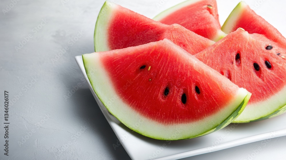 Close-Up Of Watermelon Wedges On A White Plate Close-Up Of Watermelon Wedges On A White Plate