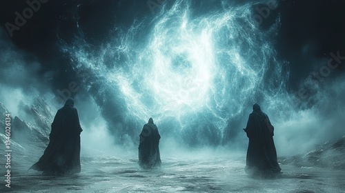 Figures shrouded in darkness watch an ethereal, swirling light overhead