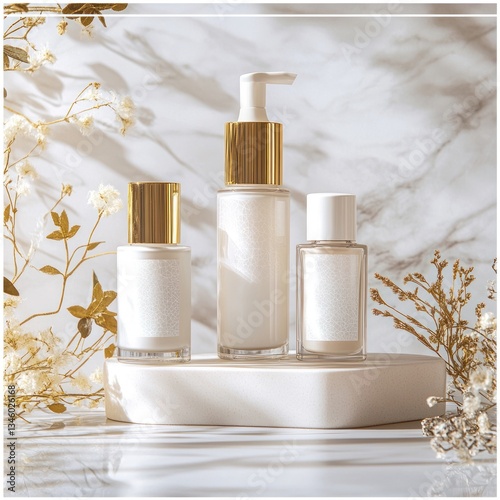 Elegant skincare product display with marble backdrop and floral accents