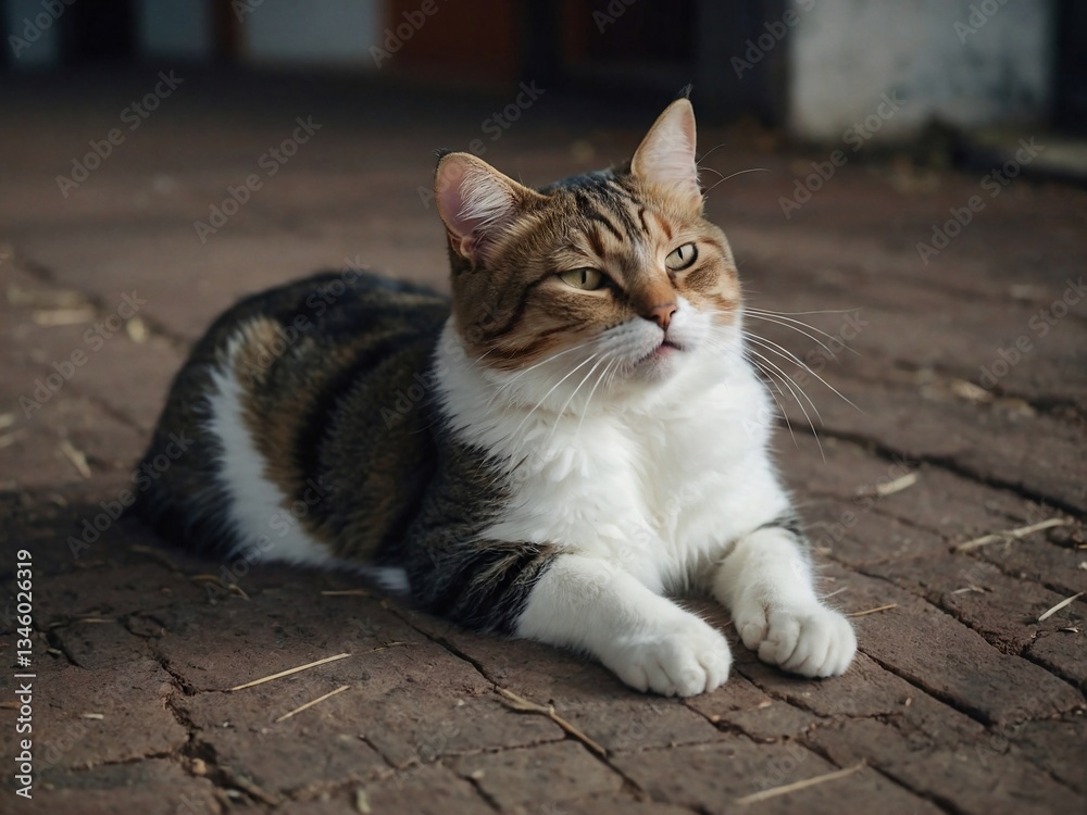 Cartoon cat sitting with eyes closed on the ground Cartoon cat sitting with eyes closed on the ground