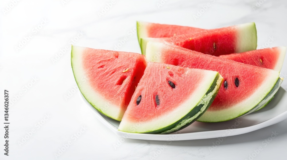 Watermelon Wedges Neatly Displayed On White Dishware. Watermelon Wedges Neatly Displayed On White Dishware.