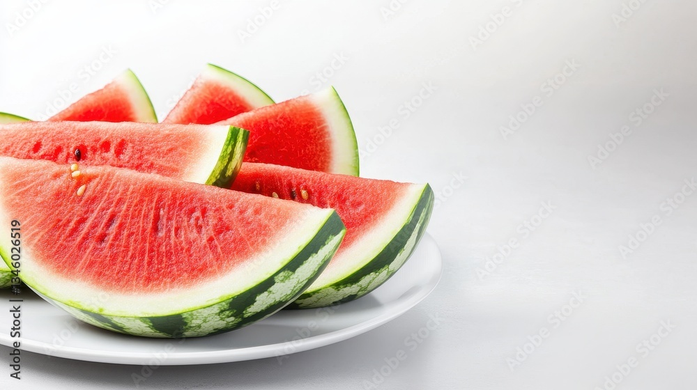 Fresh Watermelon Pieces On A Plate With White Backdrop Fresh Watermelon Pieces On A Plate With White Backdrop