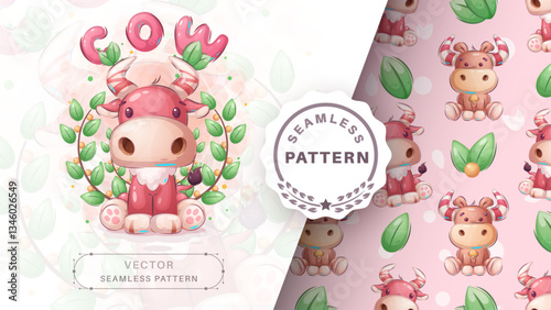 Seamless pattern cartoon character adorable cow, pretty animal idea for print t-shirt, poster and kids envelope, postcard. Cute hand drawn style ox.