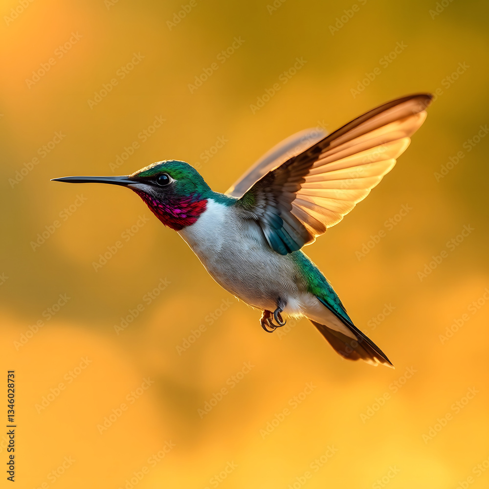 Fototapeta premium A hummingbird in flight, bathed in warm, golden volumetric lighting