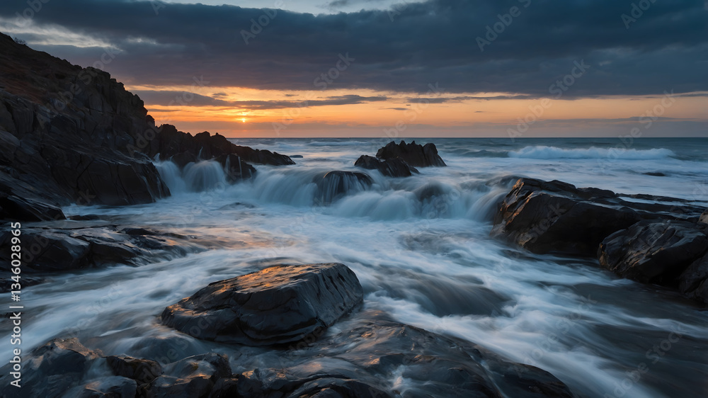 Fototapeta premium A mesmerizing sunset over the coast. Waves crash onto rocky shores as the sky transitions from day to dusk, creating a serene yet dramatic seascape.