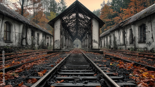 Abandoned train depot surrounded by autumn foliage, featuring overgrown tracks and dilapidated structures. scene evokes sense of nostalgia and decay, highlighting nature reclaiming of space
