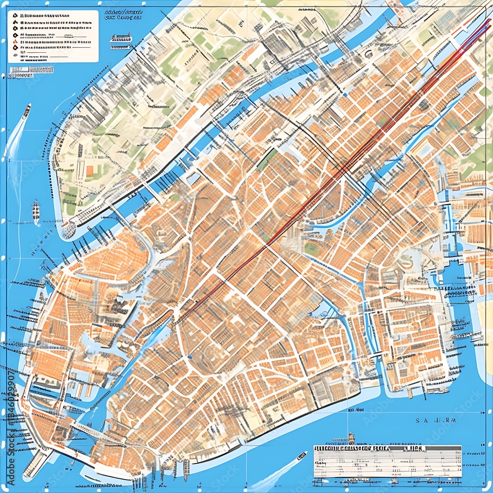 Obraz premium Detailed map of a city's canals and streets.