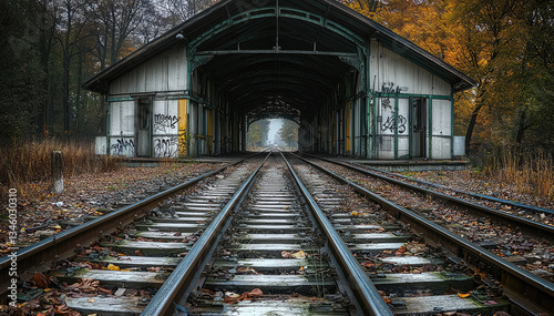 Abandoned train depot with overgrown tracks, surrounded by autumn foliage and graffiti. scene evokes sense of nostalgia and decay, highlighting nature reclaiming of man made structures