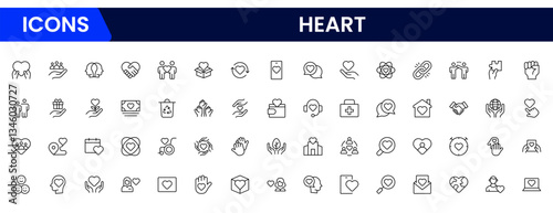 Heart, love, care, help, charity, and donation outline icons are set isolated on a white background in a flat vector illustration.