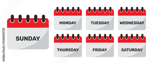 Set of seven weekday calendar icons in red- Sunday, Monday, Tuesday , Wednesday, Thursday, Friday, Saturday. Collection of 7 weekday calendar symbols in red color isolated on a white background.