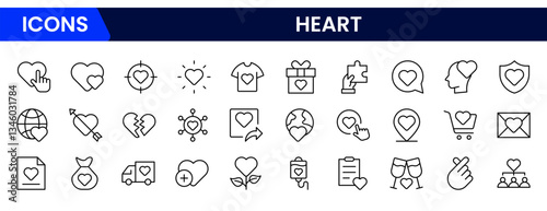 Heart, love, care, help, charity, and donation outline icons are set isolated on a white background in a flat vector illustration.