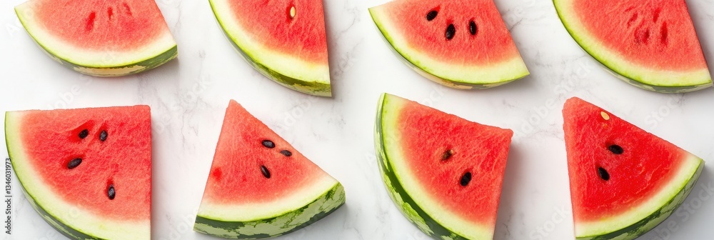 Neatly Arranged Watermelon Segments On A Marble Slab Neatly Arranged Watermelon Segments On A Marble Slab