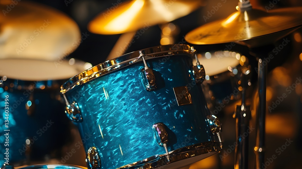 Obraz premium Blue drum set glimmering under stage lights in empty concert hall