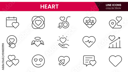 Heart, love, care, help, charity, and donation outline icons are set isolated on a white background in a flat vector illustration.