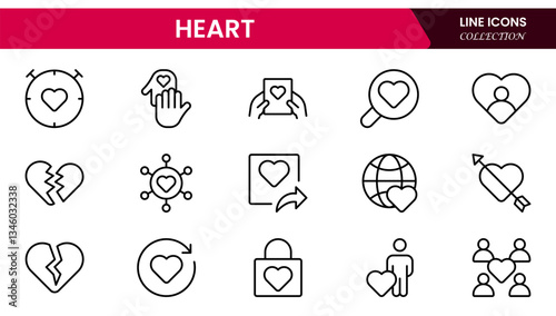 Heart, love, care, help, charity, and donation outline icons are set isolated on a white background in a flat vector illustration.