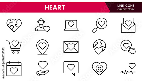 Heart, love, care, help, charity, and donation outline icons are set isolated on a white background in a flat vector illustration.