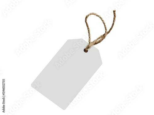 A white blank price tag with a tied string, isolated. The tag is rectangular with a cut-off top and a punched hole for attachment. Ideal for sales, discounts, promotions or labeling