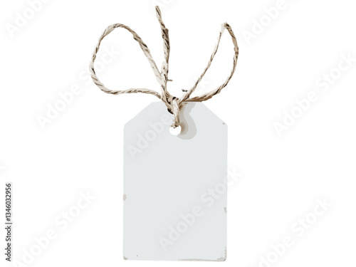 A white blank price tag with a tied string, isolated. The tag is rectangular with a cut-off top and a punched hole for attachment. Ideal for sales, discounts, promotions or labeling
