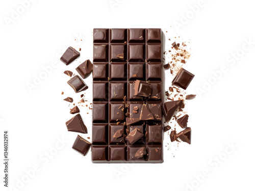 A vector illustration of a chocolate bar with broken pieces, isolated on a white background. The chocolate bar has a rich, smooth texture with a few separated chunks scattered around it.