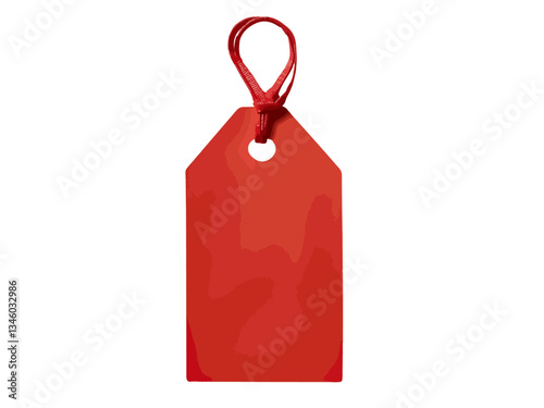 A red blank price tag with a tied string, isolated. The tag is rectangular with a cut-off top and a punched hole for attachment. Ideal for sales, discounts, promotions or labeling